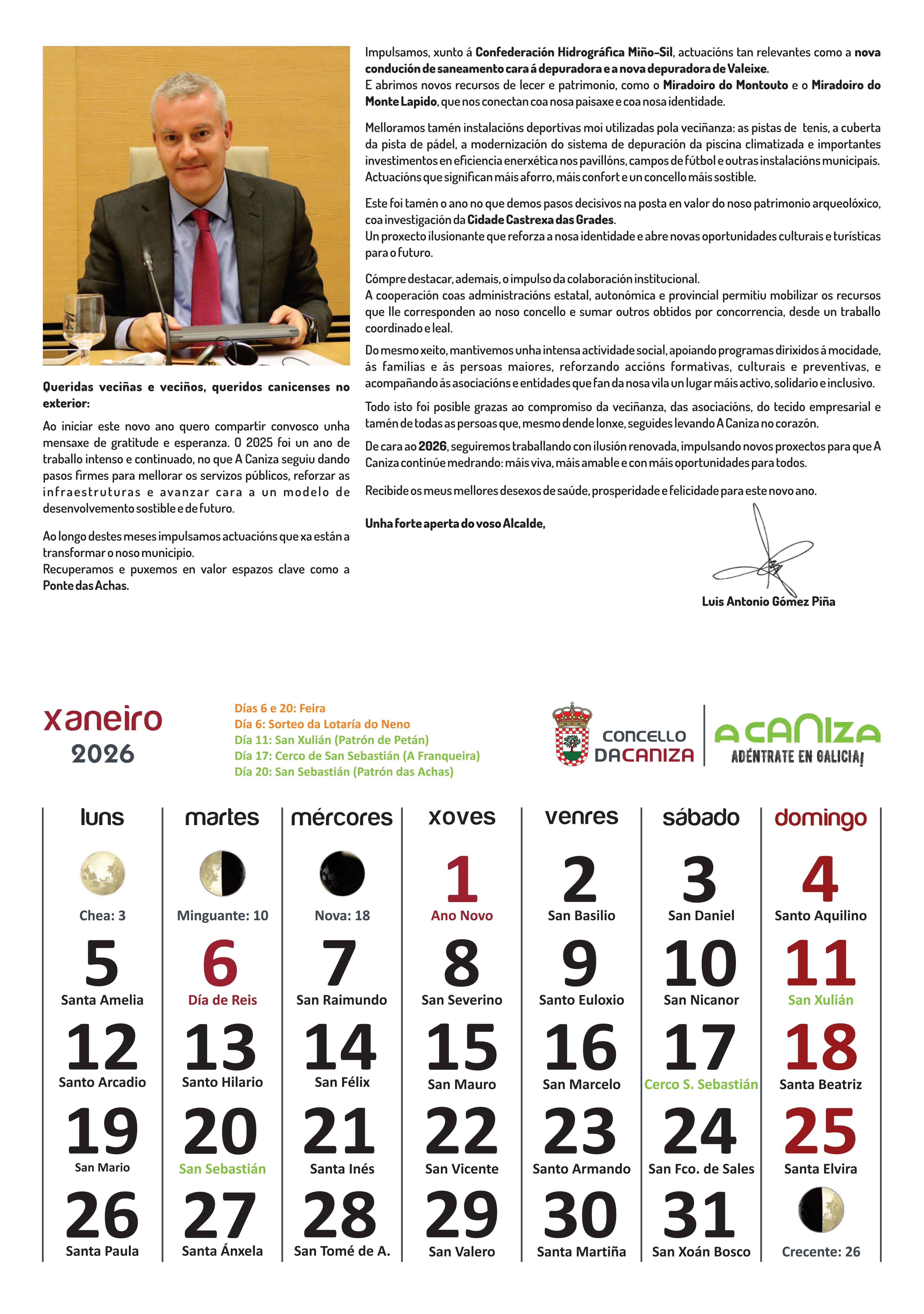 Presentamos o Calendario 2026 do Concello da Cañiza