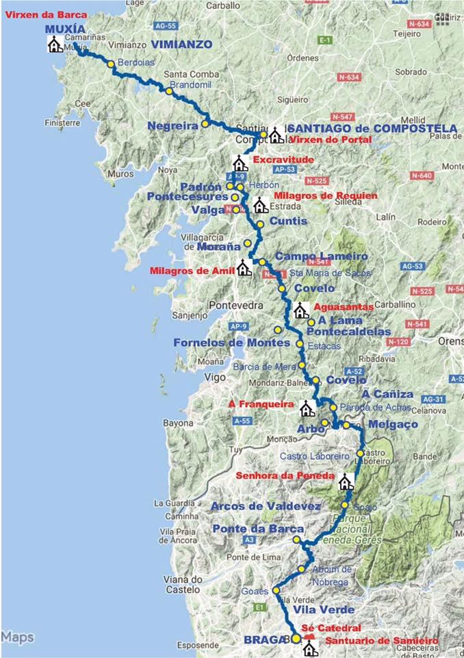 mapa co trazado da Vía dende Braga ata Muxia