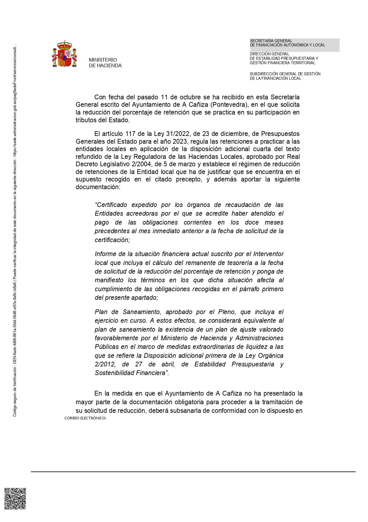 Escrito de Hacienda solicitando un Plan de Saneamento Financeiro
