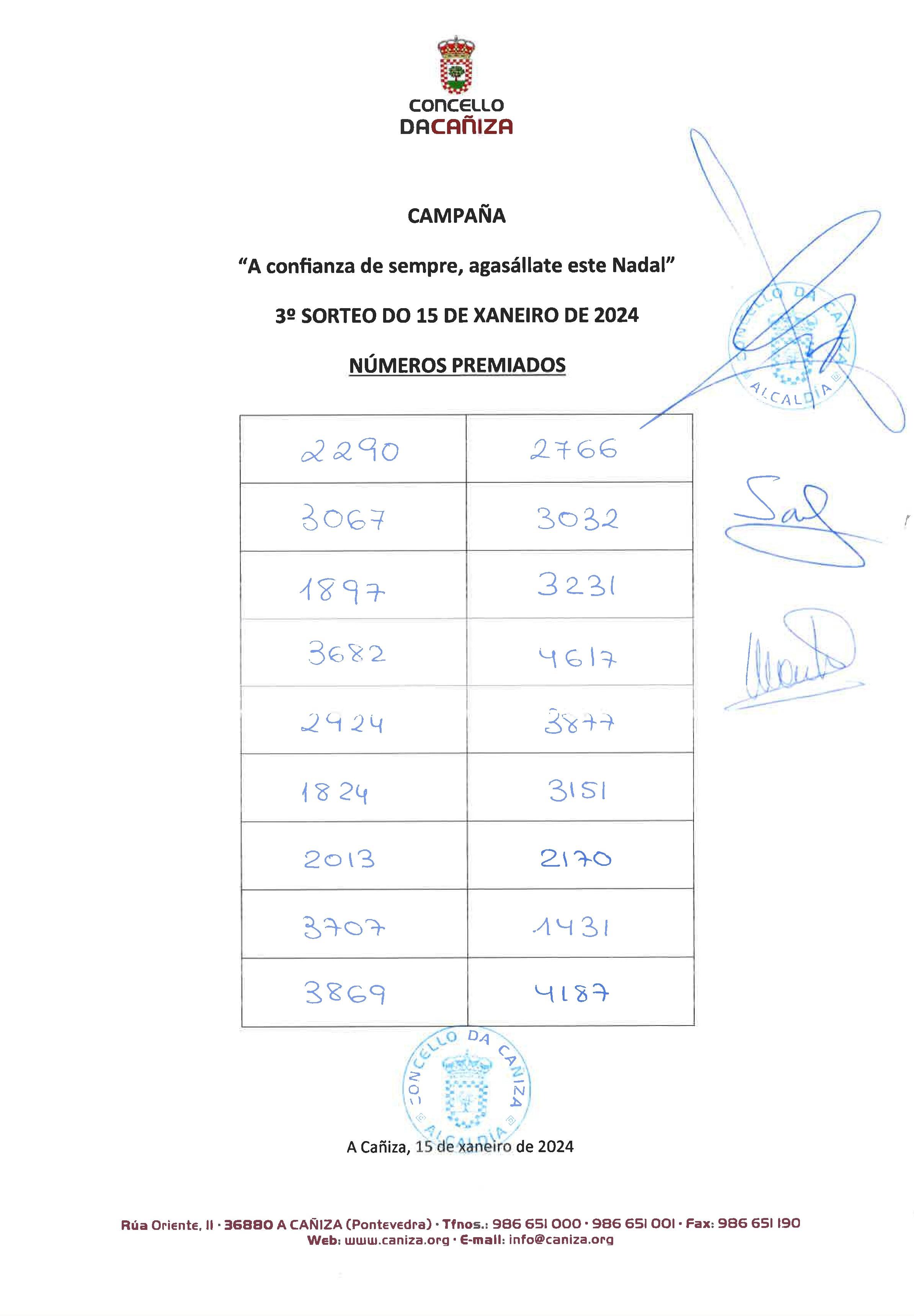 Números premiados no 3º sorteo da campaña «A Confianza de sempre, agasállate este Nadal» celebrado este  15 de xaneiro