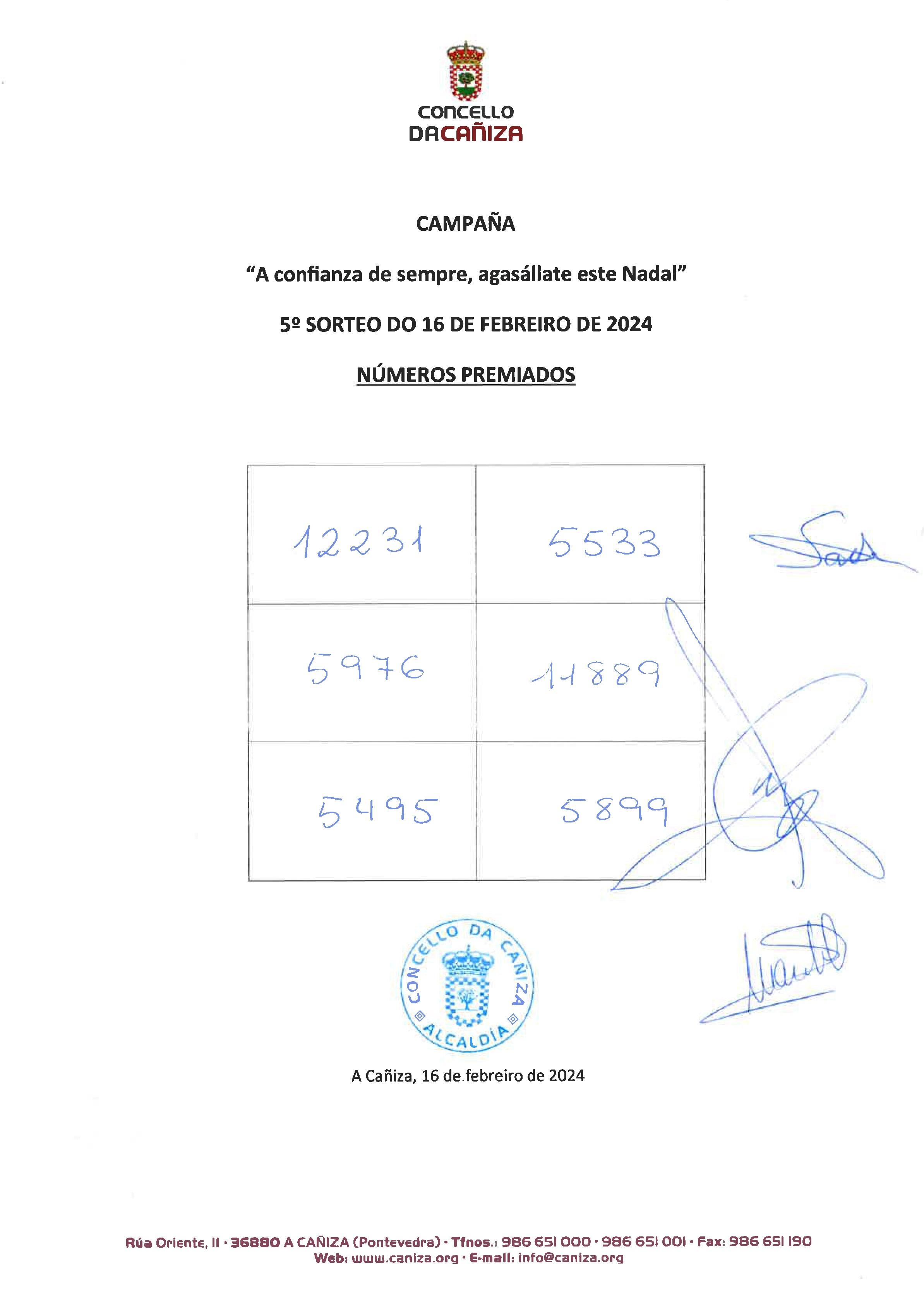 numeros premiados no 5º sorteo da campaña de 2023/2024 celebrado o 16 de febreiro