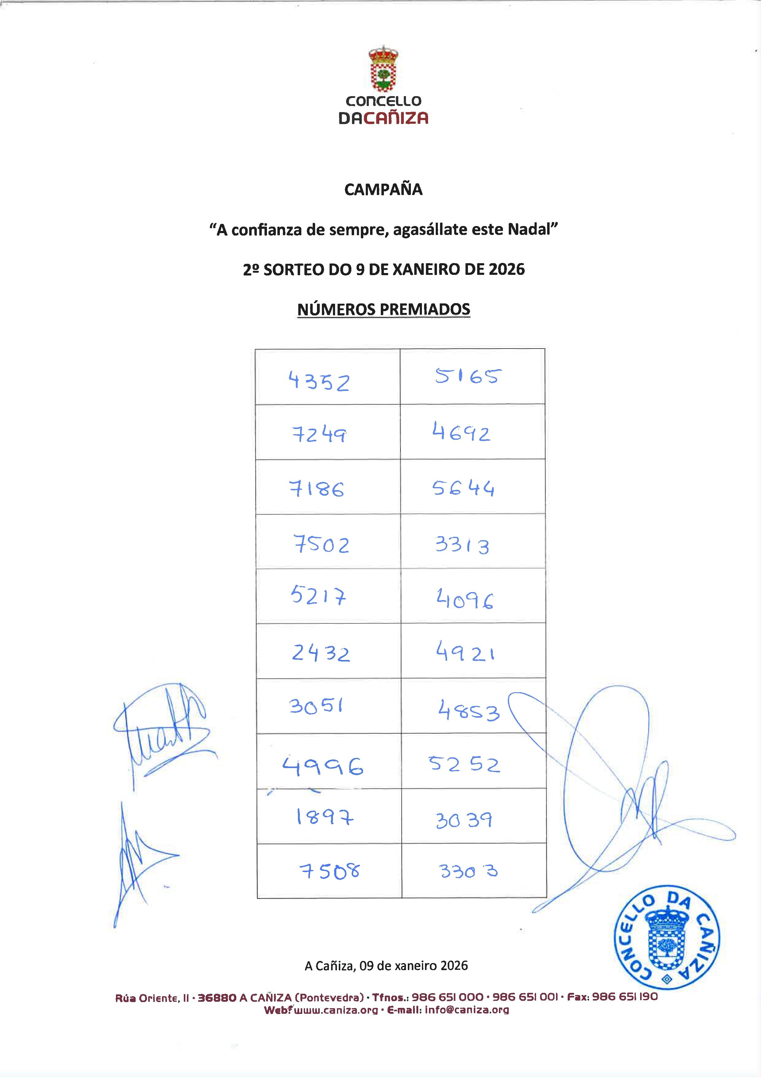 O Alcalde Luis Piña entrega os segundos 1.000 € en premios da campaña «A Confianza de Sempre, Agasállate Este Nadal»  O Concello da Cañiza iniciou o ano coa entrega dos segundos premios da campaña de fidelización comercial «A Confianza de Sempre, Agasállate Este Nadal». O acto tivo lugar esta mañá e contou coa presenza do Alcalde, Luis Piña, xunto con membros da directiva da Asociación de Comerciantes da Cañiza.  Os 1.000 € entregados corresponden ao segundo sorteo da campaña, celebrado o pasado venres 9 de