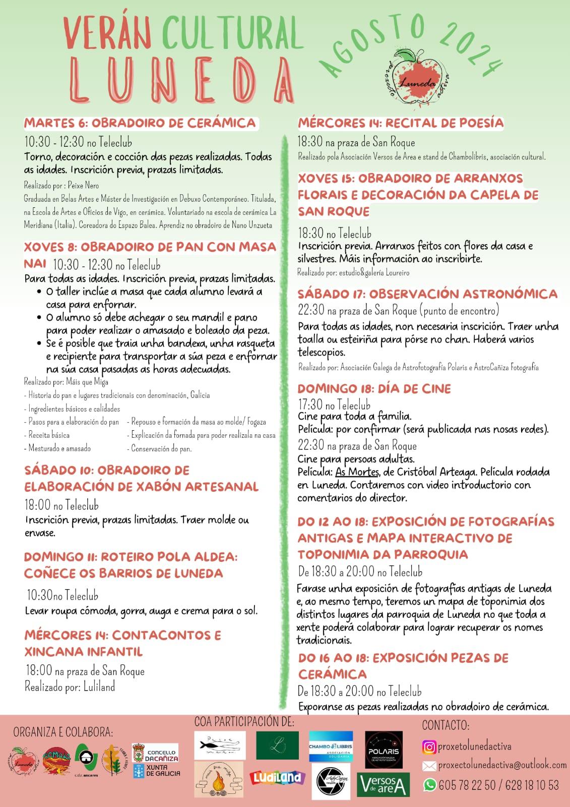 Presentamos a programación “VERÁN CULTURAL LUNEDA”, prevista para este mes de agosto.
