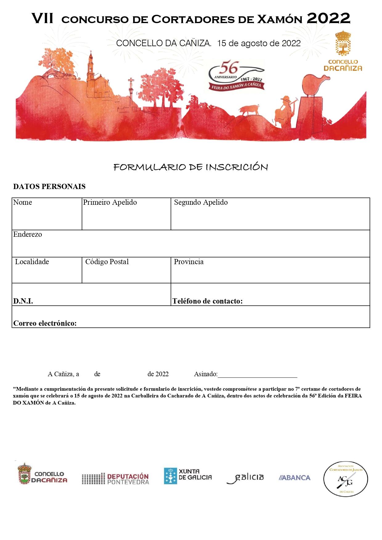 Boletín de inscripción en el VII Concurso de Cortadores de Jamón de A Cañiza. 15 de agosto de 2022