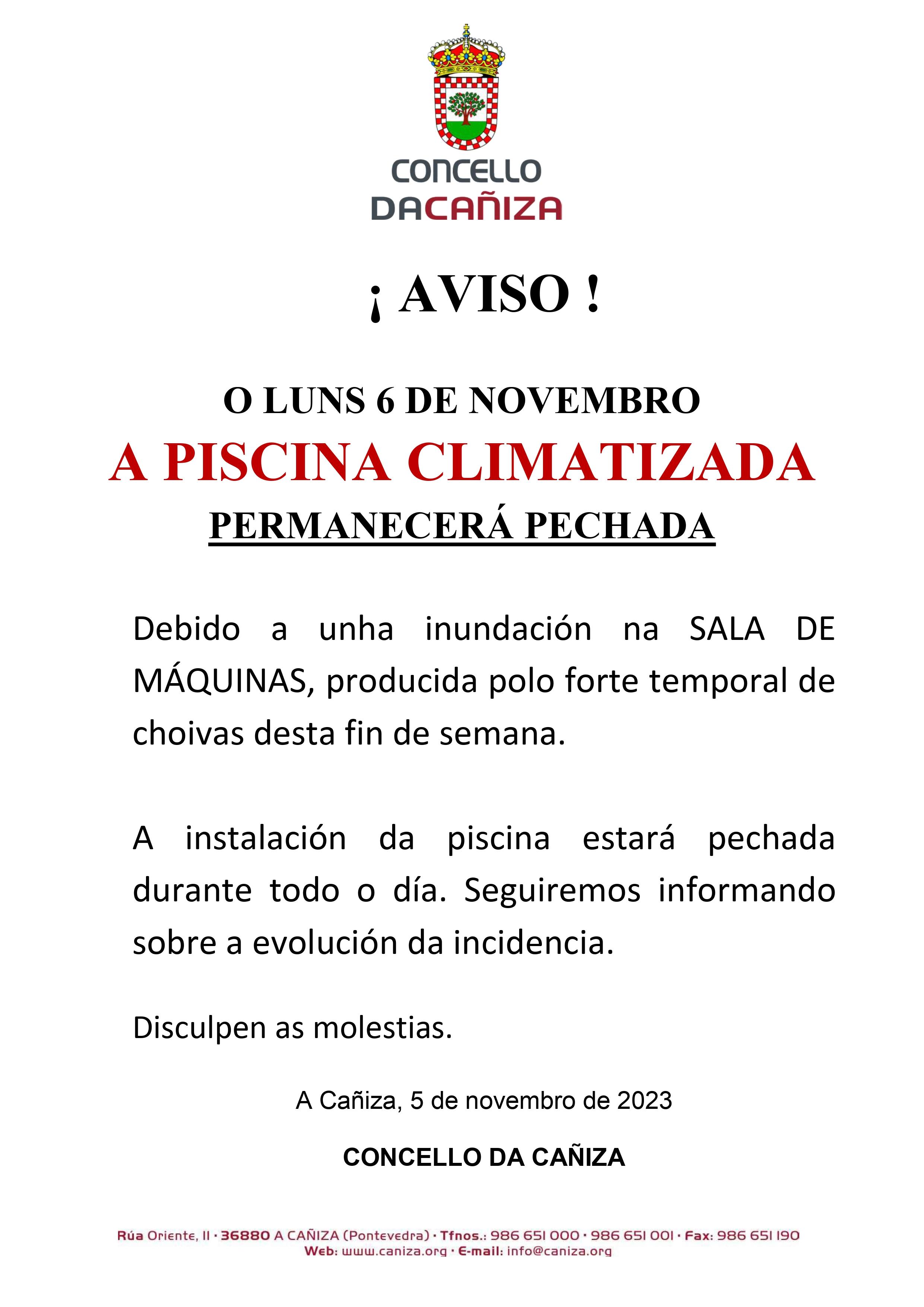 aviso de peche da piscina o luns 6 de novembro pola inundación da Sala de máquinas
