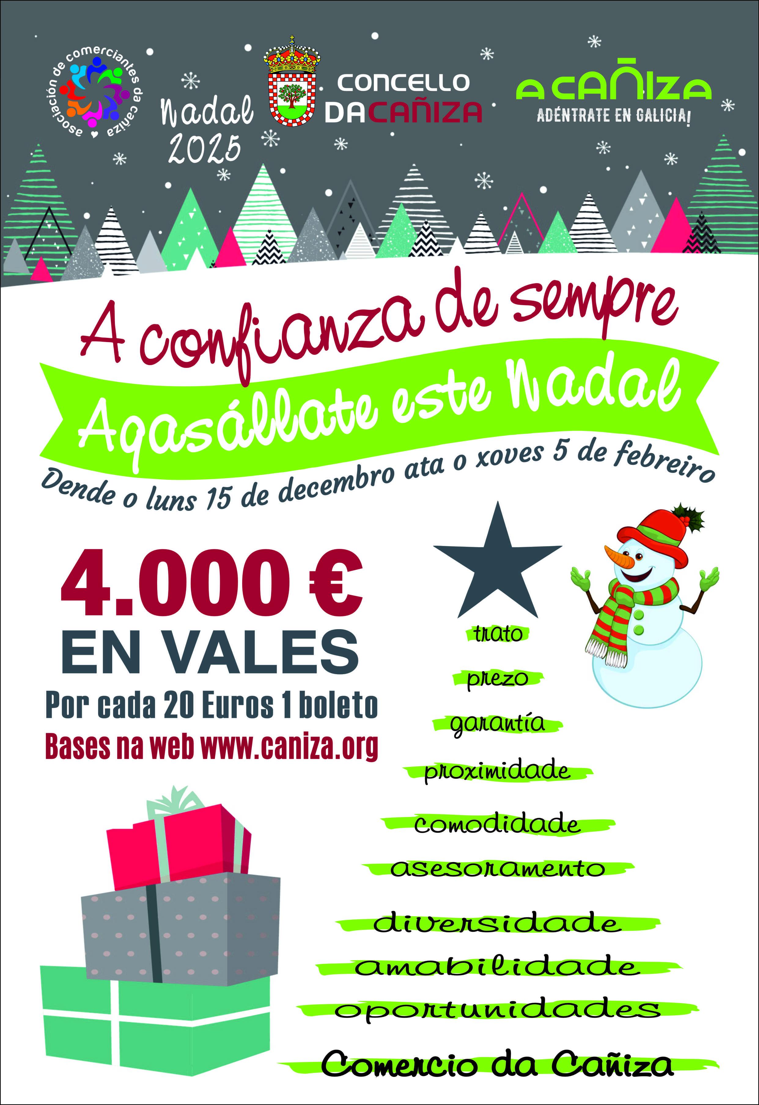 O Alcalde Luis Piña entrega os segundos 1.000 € en premios da campaña «A Confianza de Sempre, Agasállate Este Nadal»  O Concello da Cañiza iniciou o ano coa entrega dos segundos premios da campaña de fidelización comercial «A Confianza de Sempre, Agasállate Este Nadal». O acto tivo lugar esta mañá e contou coa presenza do Alcalde, Luis Piña, xunto con membros da directiva da Asociación de Comerciantes da Cañiza.  Os 1.000 € entregados corresponden ao segundo sorteo da campaña, celebrado o pasado venres 9 de