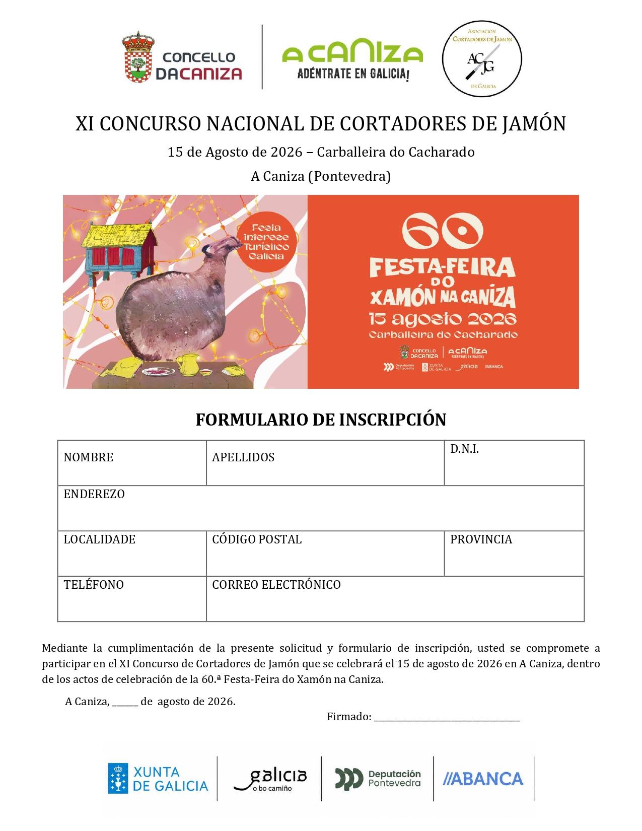 XI Concurso de cortadores de xamón  "60 Feira do Xamón da Caniza".  Bases e formulario de inscrición