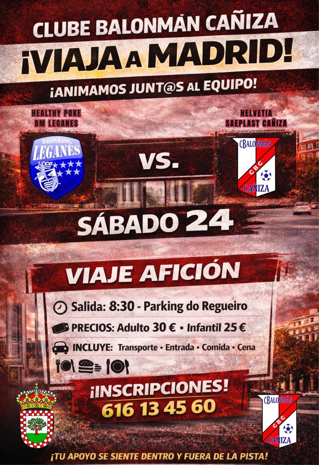 O Alcalde da Cañiza e o Club Balonmán Cañiza presentan a viaxe do Sénior Feminino a Madrid este 24 de xaneiro  O Alcalde Luis Piña, xunto co Presidente do CBC, Marcos Estévez, e o adestrador Ismael Lago, presentaron oficialmente a viaxe que realizará mañá sábado o equipo Sénior Feminino do CBC, que compite na División de Honor Prata Feminina, a Leganés (Madrid), acompañadas pola súa afección, para disputar o encontro fronte ao Healthy Poke BM Leganés, correspondente á 14ª xornada da liga regular, nun compro