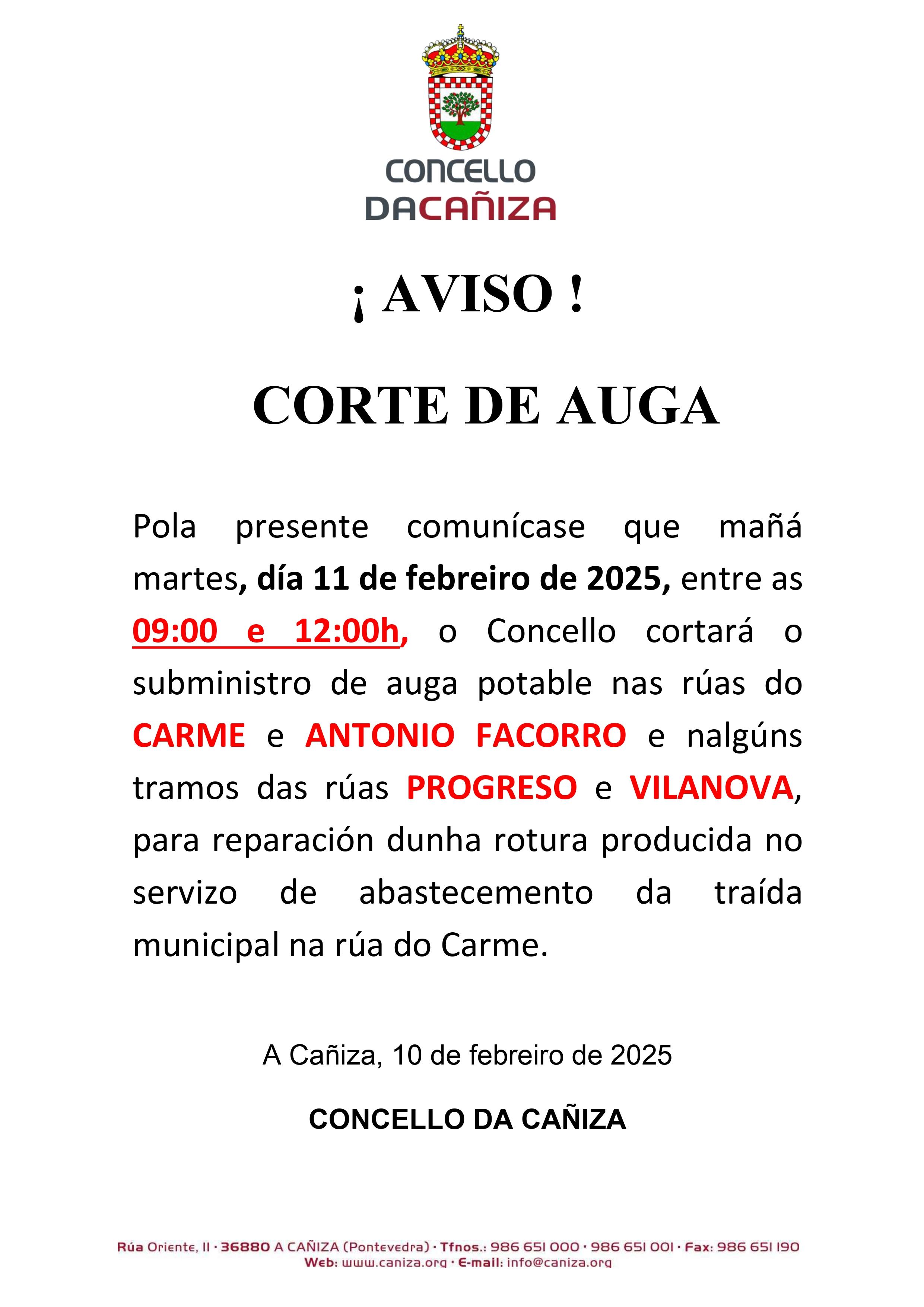 Aviso de corte de Auga para o martes 11 de febreiro de 2025 de 09h a 12h