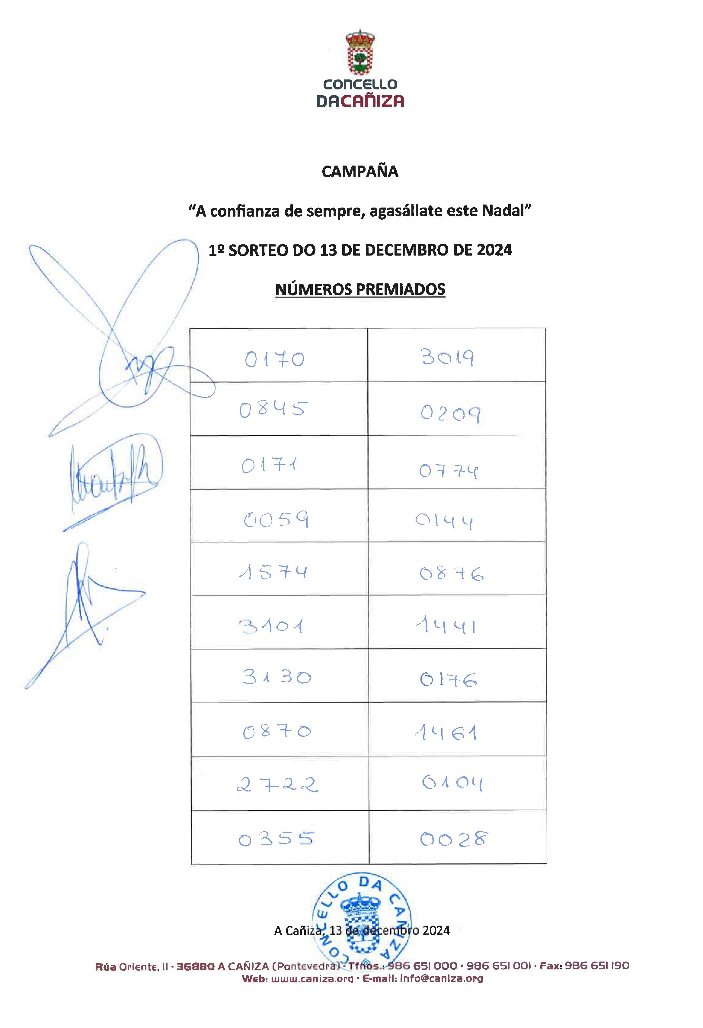 Números premiados no 1º sorteo da campaña «A Confianza de sempre, agasállate este Nadal» celebrado o 13 de decembro