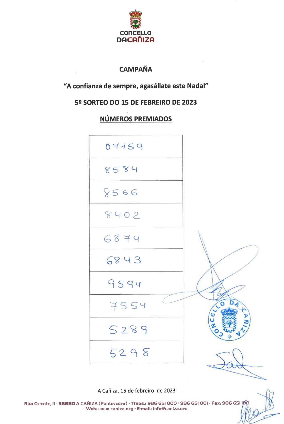 numeros premiados no 5º sorteo da campaña de 2022/2023 celebrado o 15 de febreiro