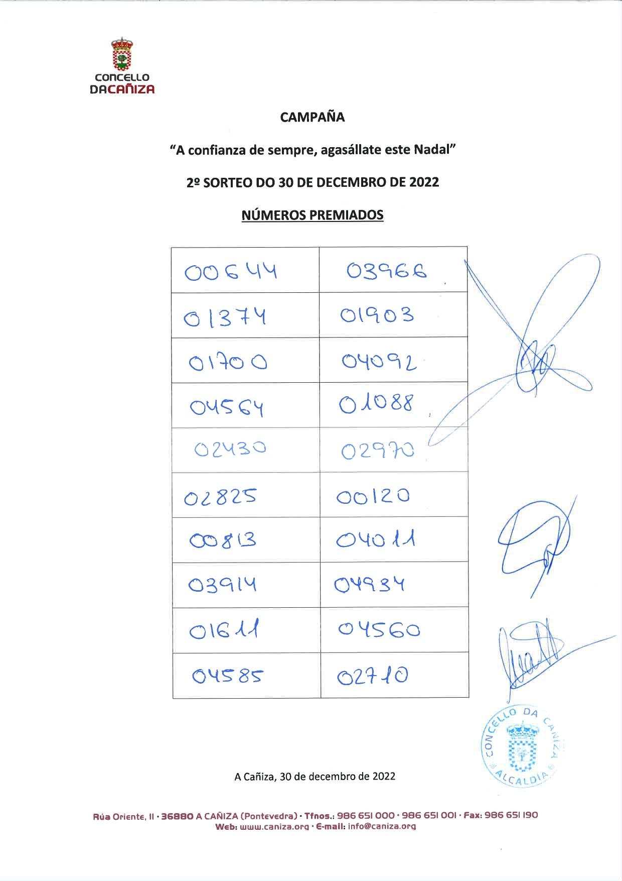 Números premiados no 2º sorteo da campaña «A Confianza de sempre, agasállate este Nadal» celebrado este 30 de decembro.