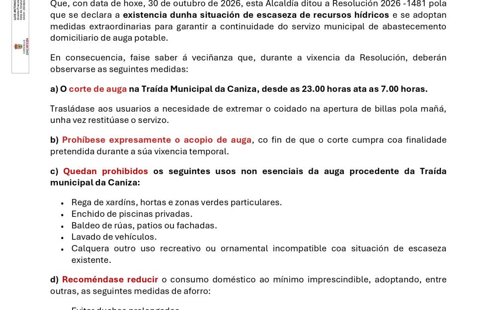 BANDO DA ALCALDÍA MEDIDAS EXTRAORDINARIAS DE AFORRO DE AUGA 