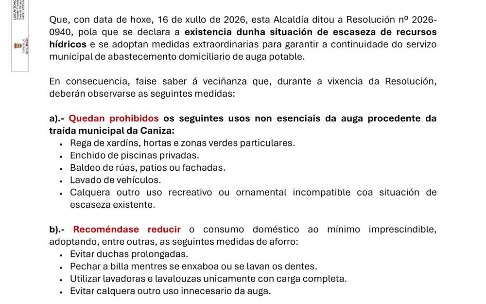 Bando medidas restrictivas a aplicar en el consumo de agua de la traída municipal a partir del 16 de julio de 2026