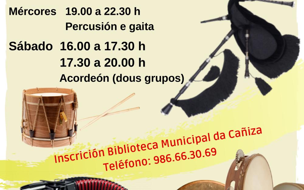 Clases de percusión, gaita e acordeón organizado pola Asociación Cultural As.Cul.Ca "Os do Cruceiro". Curso 2024- 2025