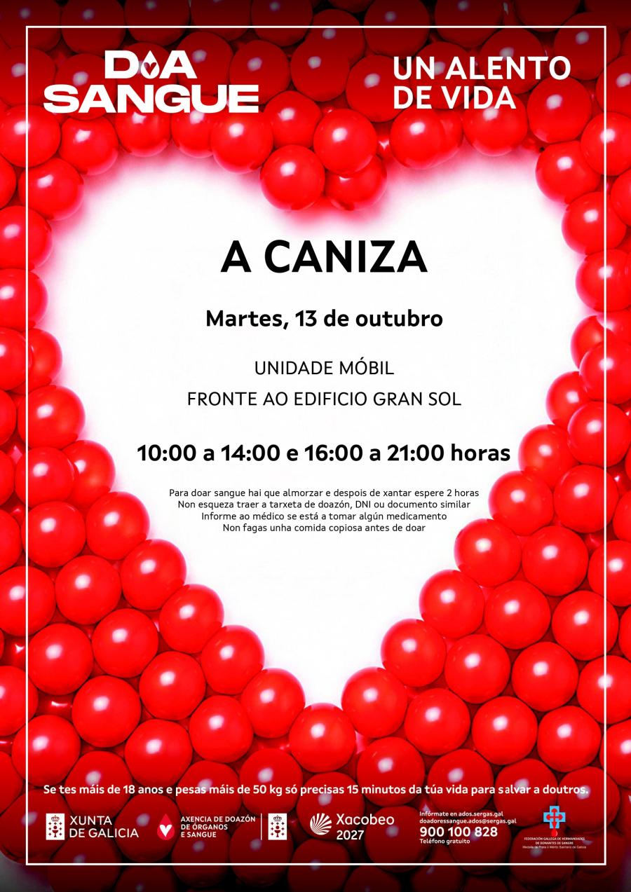 A axencia de doazón de sangue ADOS estará na Caniza o 13 de outubro en horario de 10:00 a 14:00 - 16:00 a 21:00 horas