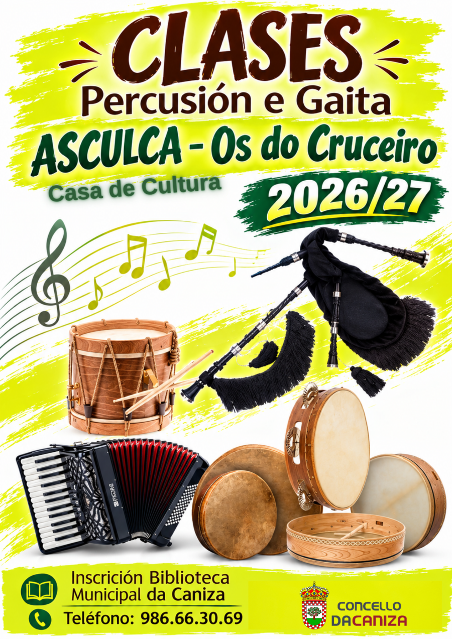 Clases de percusión e Gaita coa Asociación AS.CUL.CA e o grupo «Os do Cruceiro». Curso 2026/2027