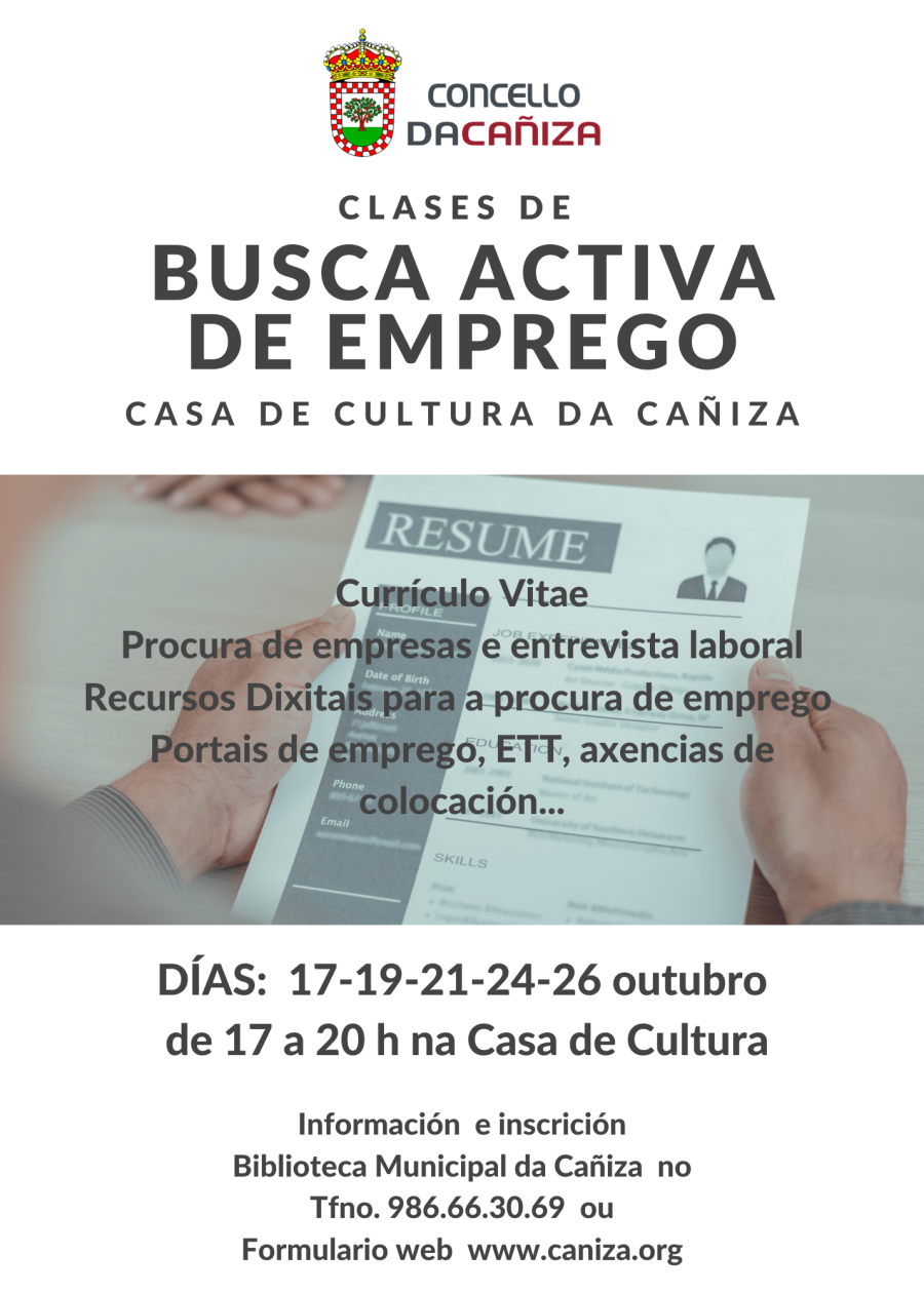 Novo curso de BUSCA ACTIVA DE EMPREGO organizado polo Concello da Cañiza. Outubro de 2022